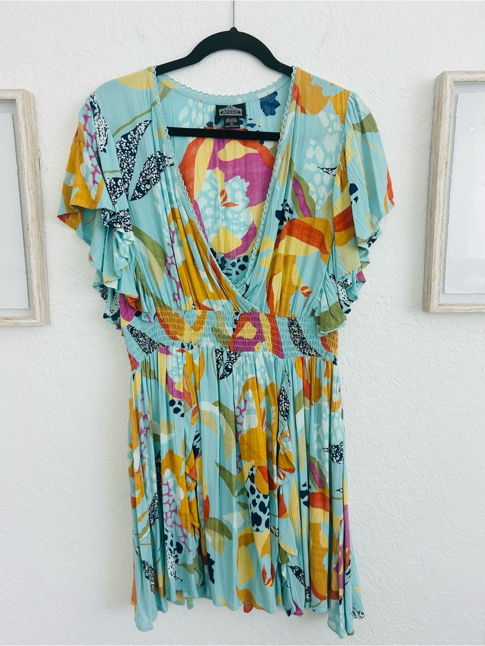 Angie Multicolor Floral Pleated V-Neck Dress - Aqua, Mustard, Pink